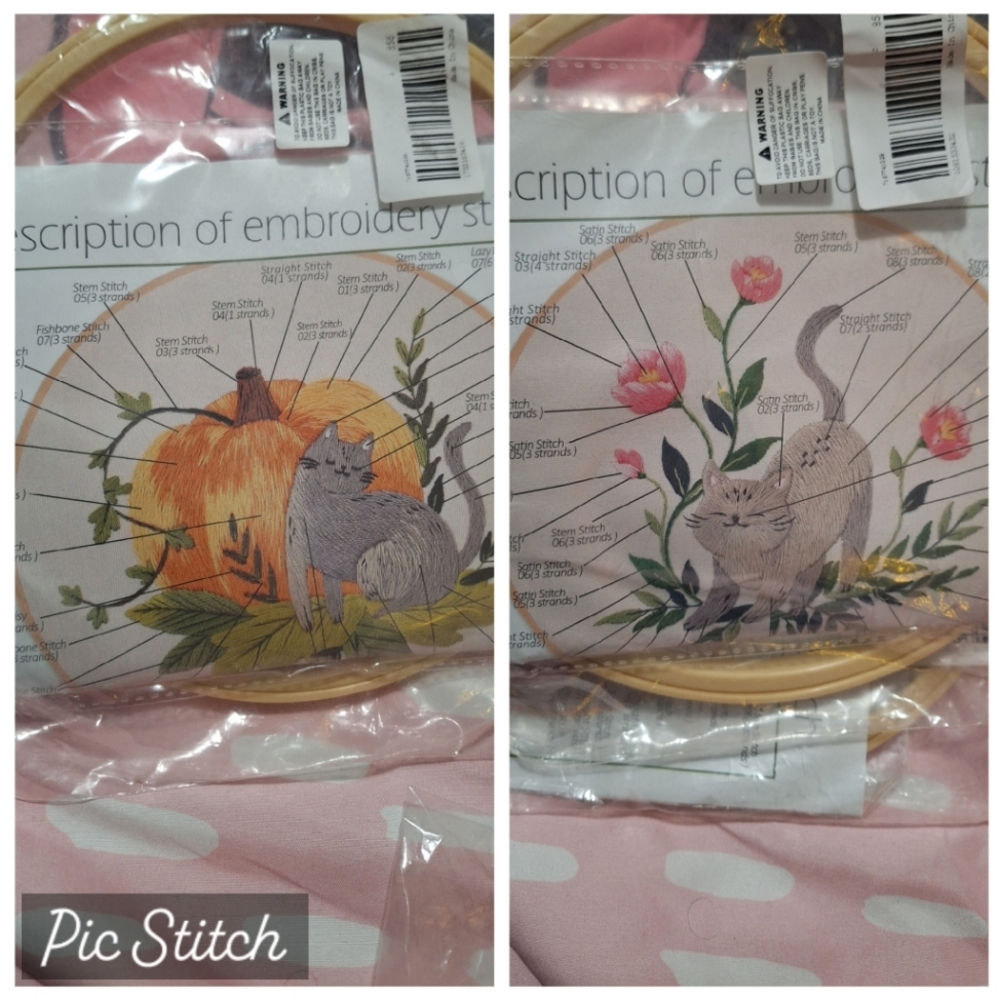 Two cat embroidery kits with hoop, threads and needles!